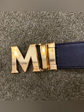 MCM Black Reversible Leather Belt with Gold W Buckle